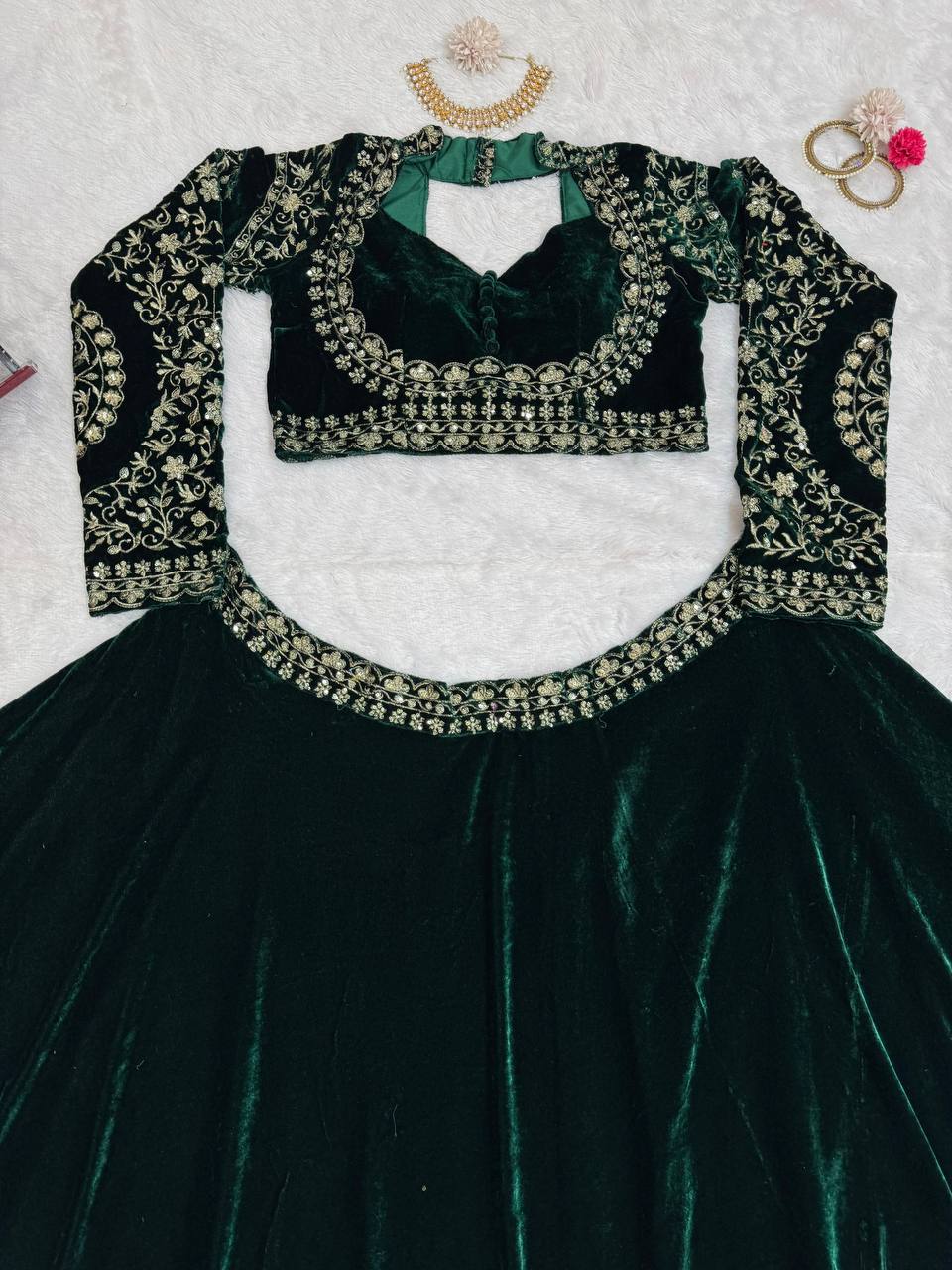 Velvet Lehenga Choli Set with Sequins Thread Work & Huge Flair With Dupatta