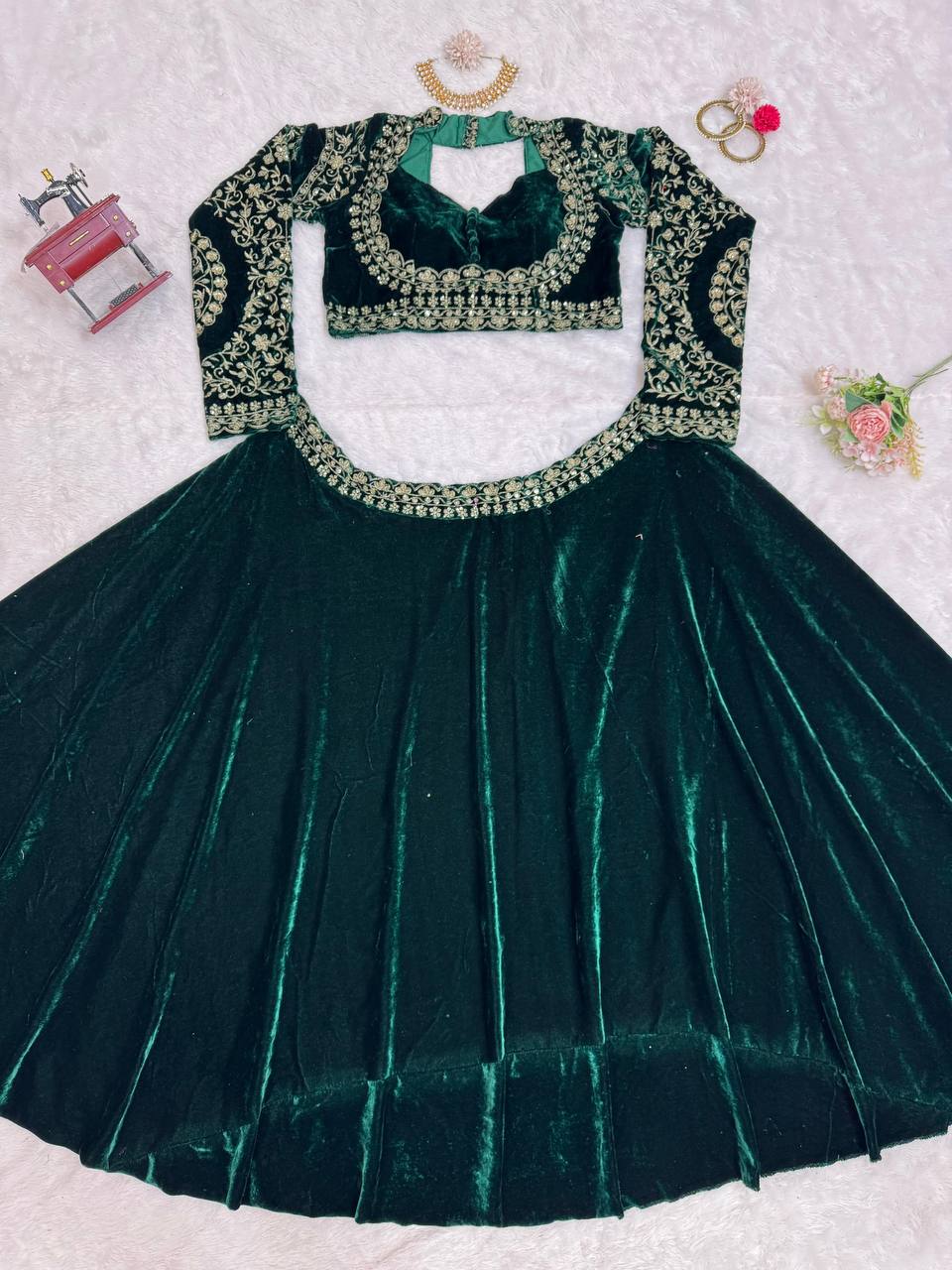 Velvet Lehenga Choli Set with Sequins Thread Work & Huge Flair With Dupatta