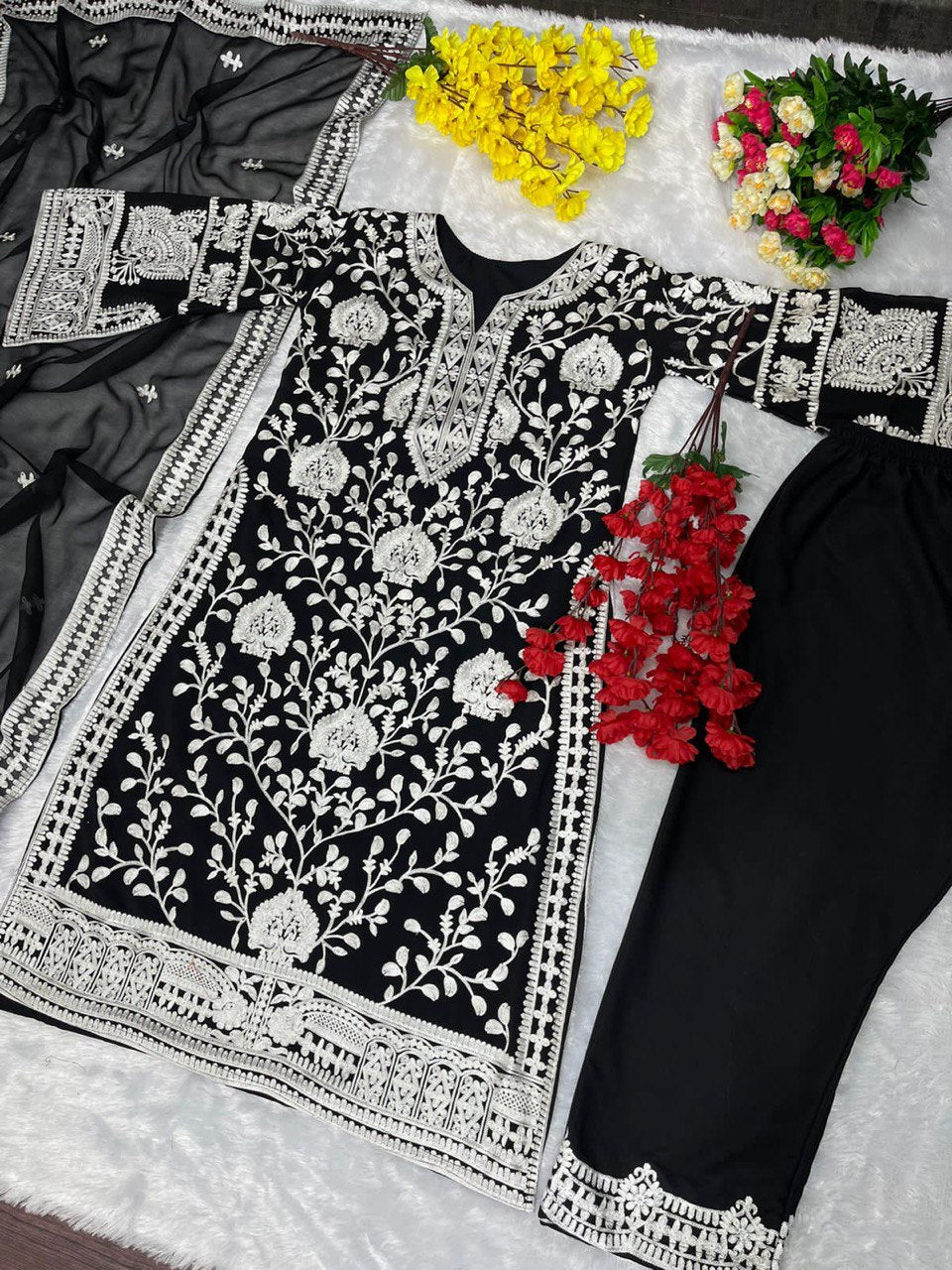 *NEW DESIGNER BLACK HEAVY GEORGETTE TOP WITH WORK PALAZZO SUIT*