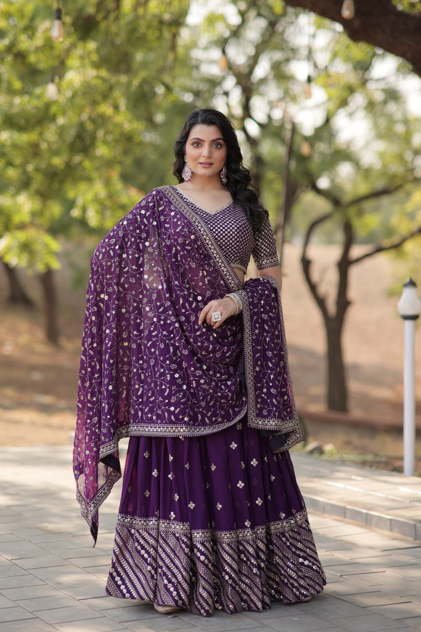 Purple Faux Blooming With Sequins Zari Embroidered Work Lehenga Choli  LW-7109