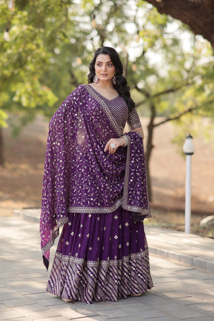 Purple Faux Blooming With Sequins Zari Embroidered Work Lehenga Choli  LW-7109