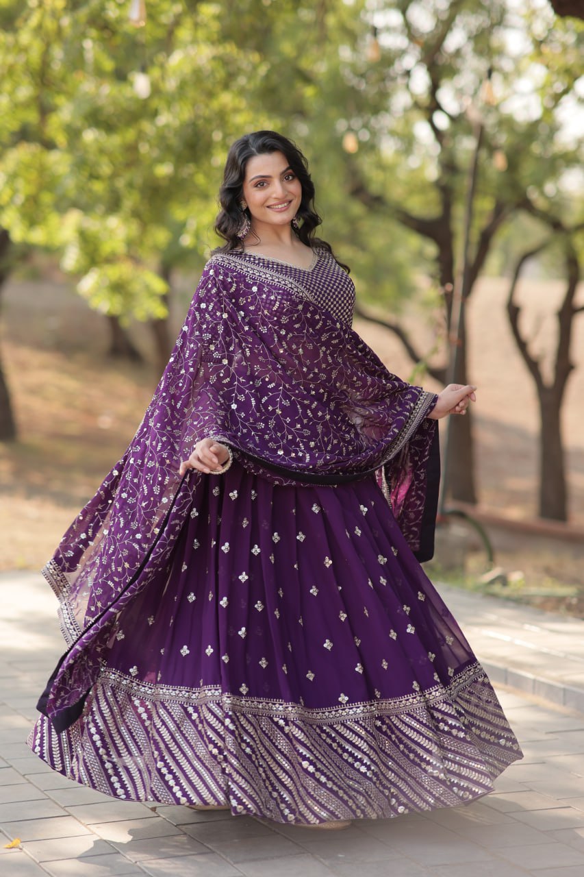 Purple Faux Blooming With Sequins Zari Embroidered Work Lehenga Choli  LW-7109