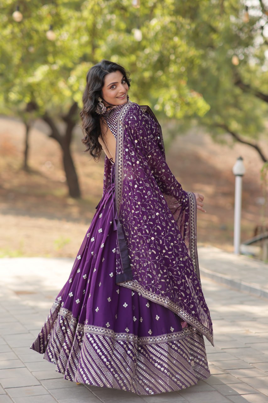 Purple Faux Blooming With Sequins Zari Embroidered Work Lehenga Choli  LW-7109