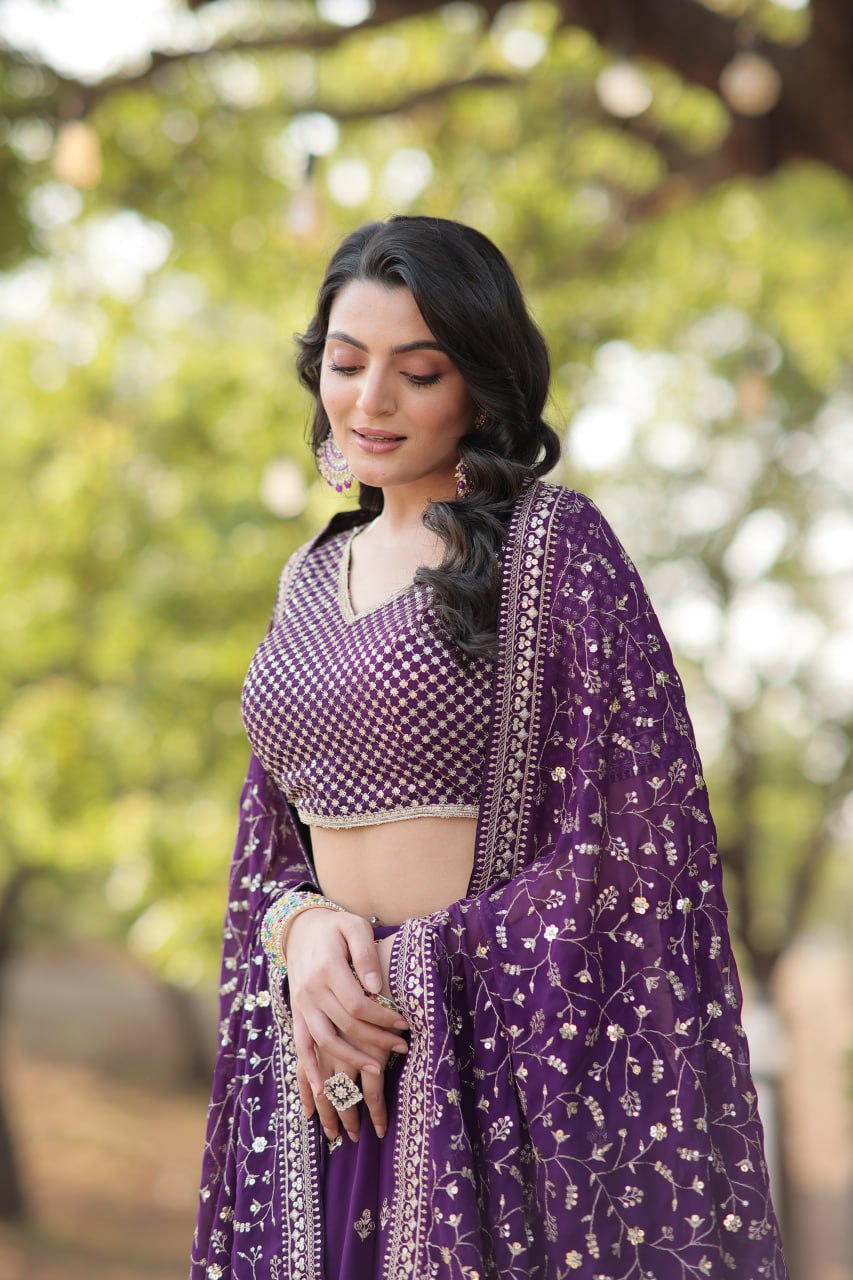 Purple Faux Blooming With Sequins Zari Embroidered Work Lehenga Choli  LW-7109