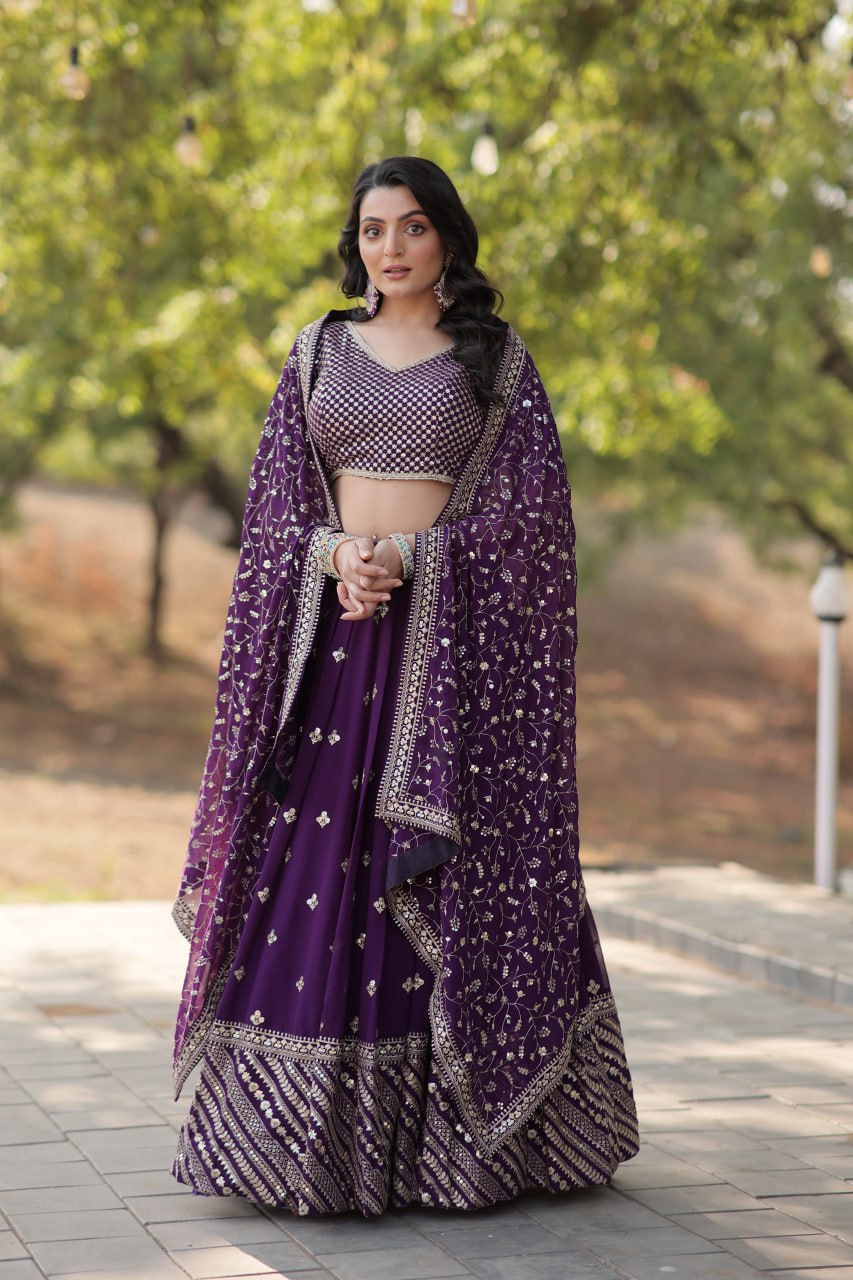 Purple Faux Blooming With Sequins Zari Embroidered Work Lehenga Choli  LW-7109