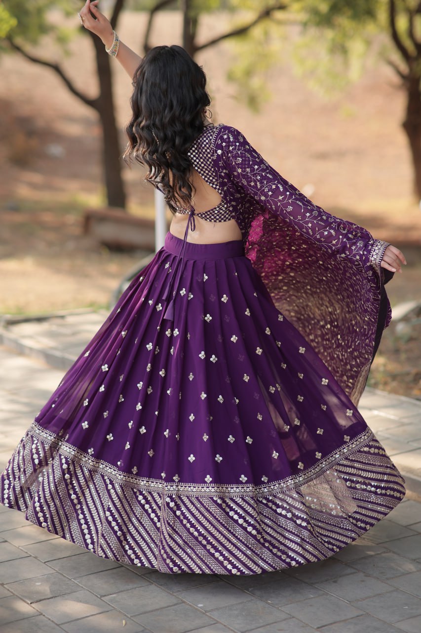 Purple Faux Blooming With Sequins Zari Embroidered Work Lehenga Choli  LW-7109