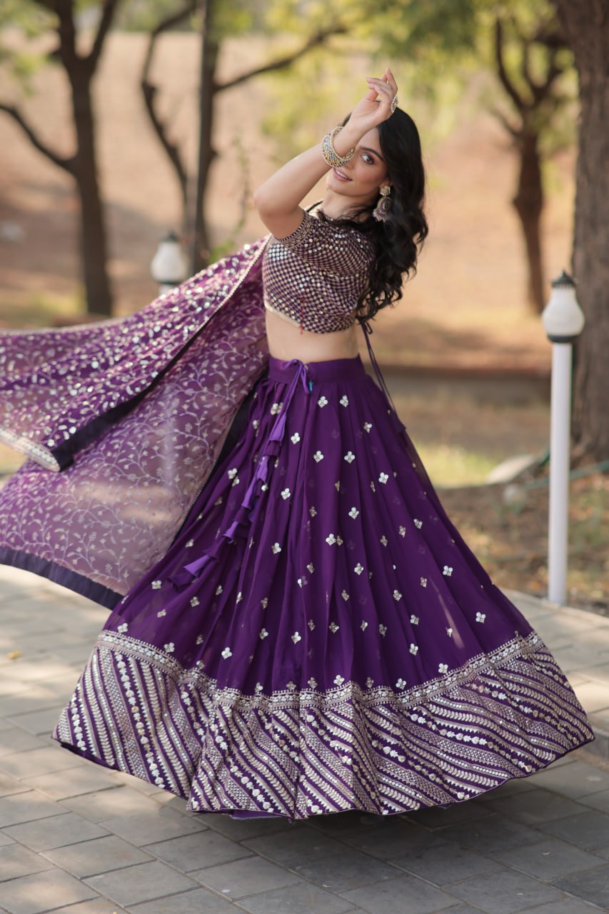 Purple Faux Blooming With Sequins Zari Embroidered Work Lehenga Choli  LW-7109