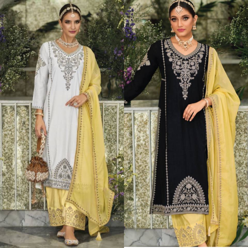 NEW DESIGNER HEAVY FUAX GEORGETTE PAKISTANI  2 COLOUR SUIT SET  KF - 1635