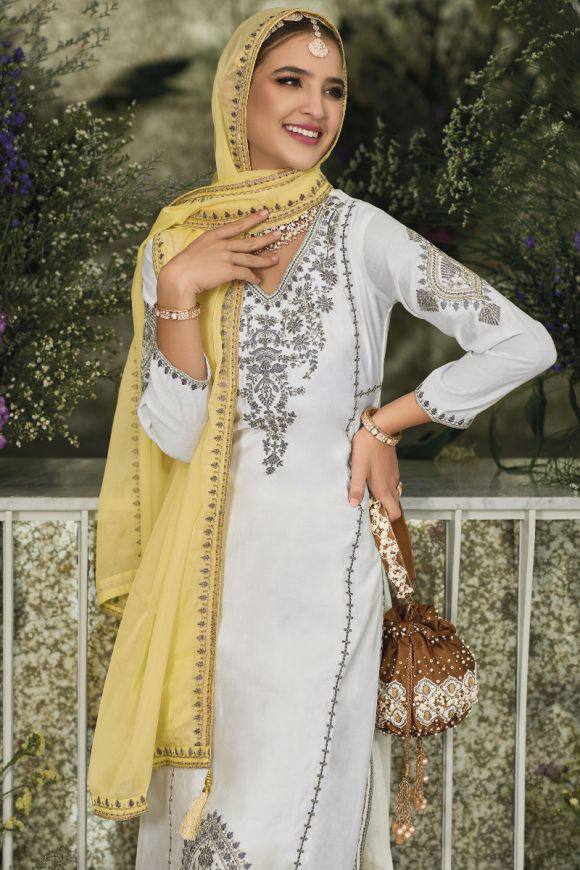 NEW DESIGNER HEAVY FUAX GEORGETTE PAKISTANI  2 COLOUR SUIT SET  KF - 1635