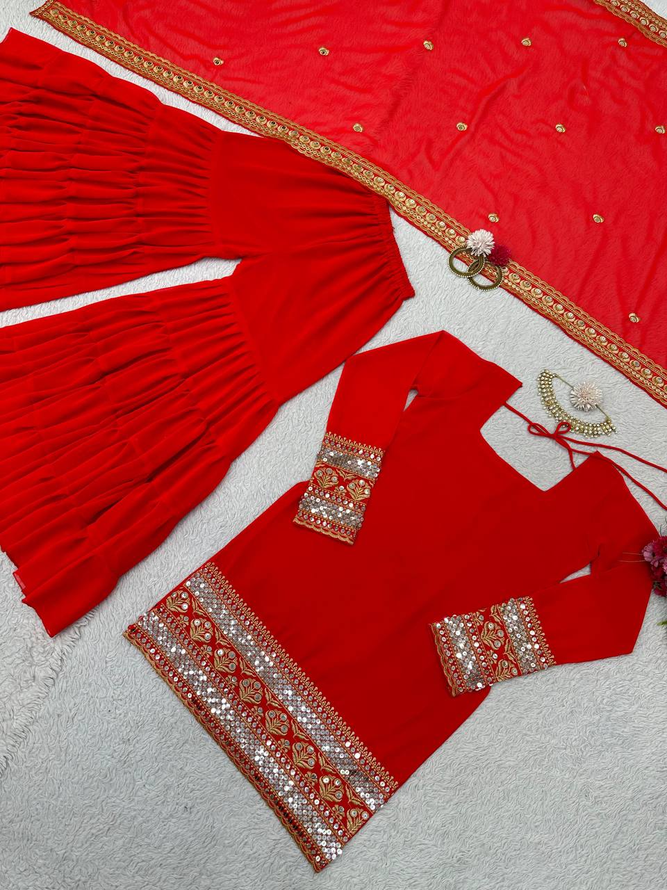 Elegant Foux Gorgette Sharara Set with Sequins & Dori Latkan – Effortless Style for Every Celebration!