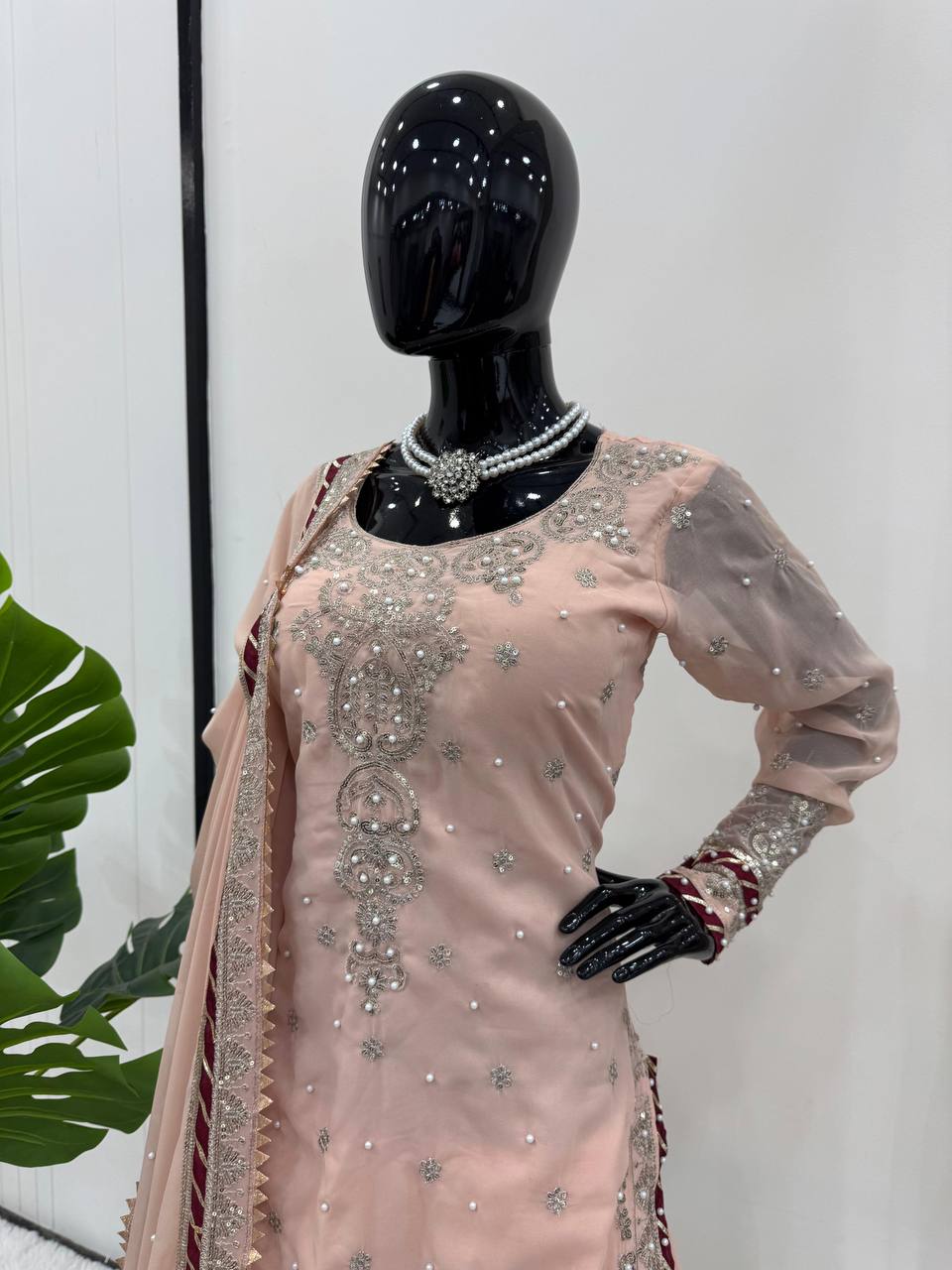 Glamorous Foux Gorgette Sharara Set with Rivet Moti & Sequins Work – Perfect for Any Occasion!