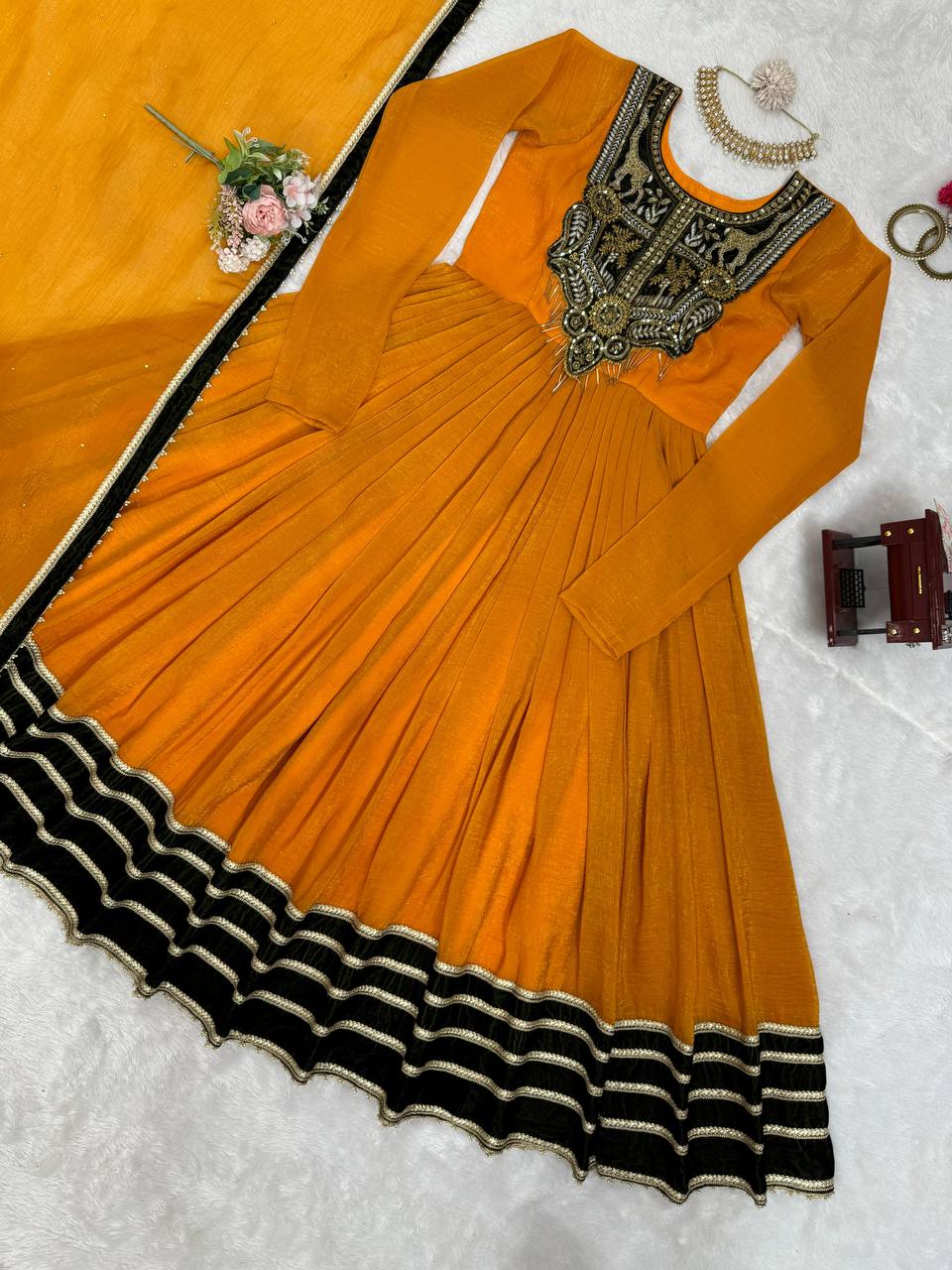 Gold Top with Sequins and Fancy Latkan Complete Set with Dupatta