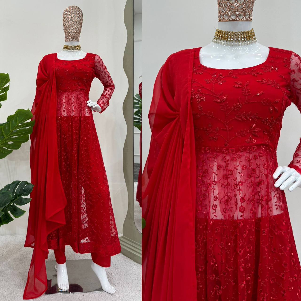 Ready to Wear Gown Butterfly Net Top with Sequins, Pants & Georgette Dupatta