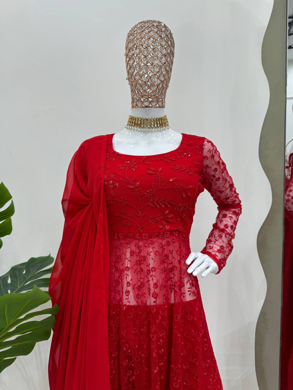 Ready to Wear Gown Butterfly Net Top with Sequins, Pants & Georgette Dupatta