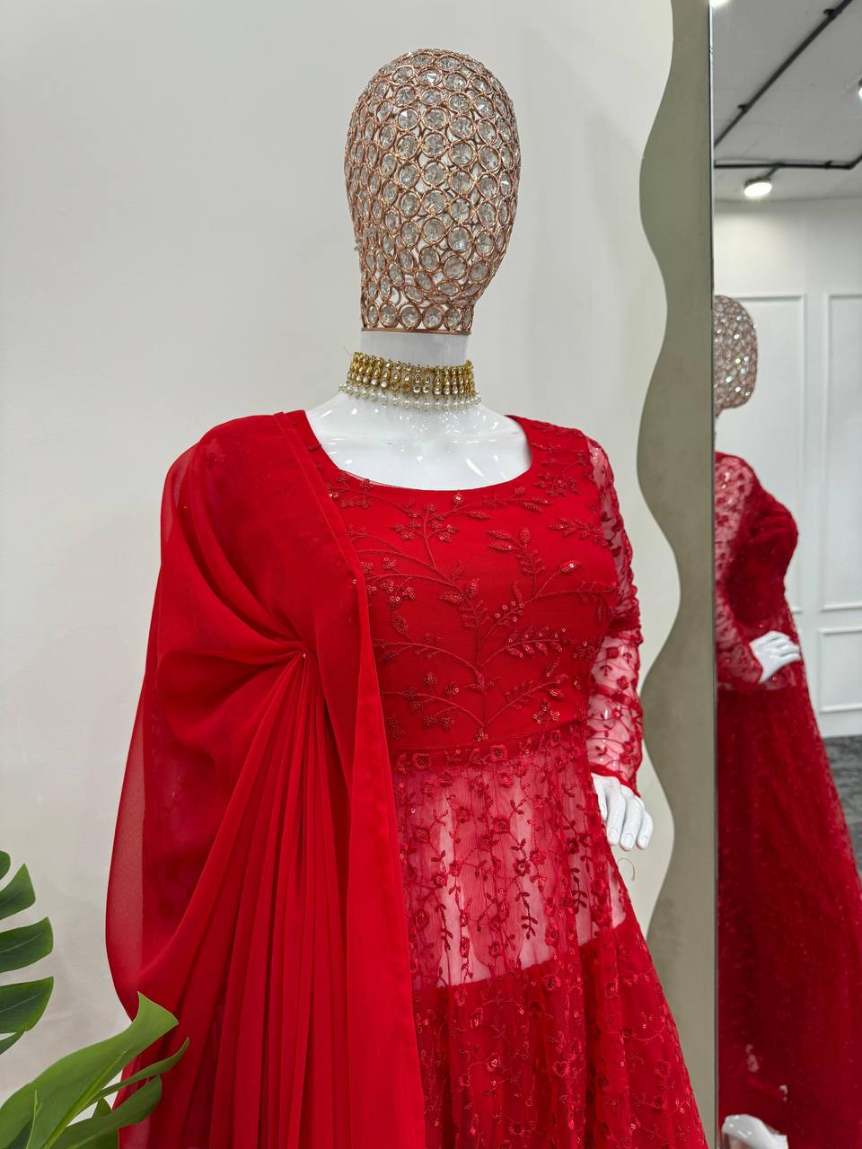 Ready to Wear Gown Butterfly Net Top with Sequins, Pants & Georgette Dupatta