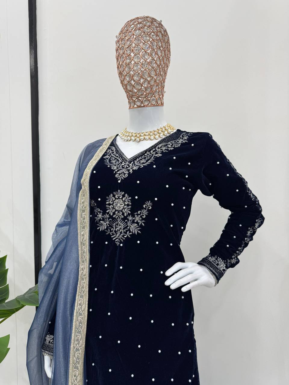 Ready to Wear Viscose Velvet Top with Rivet Moti, Pants & Organza Dupatta