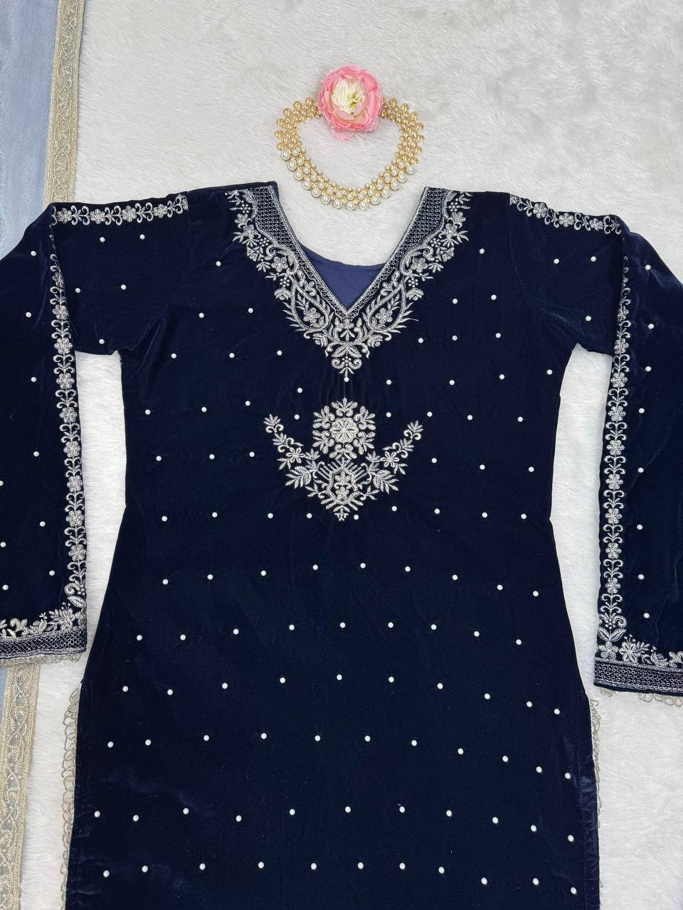 Ready to Wear Viscose Velvet Top with Rivet Moti, Pants & Organza Dupatta