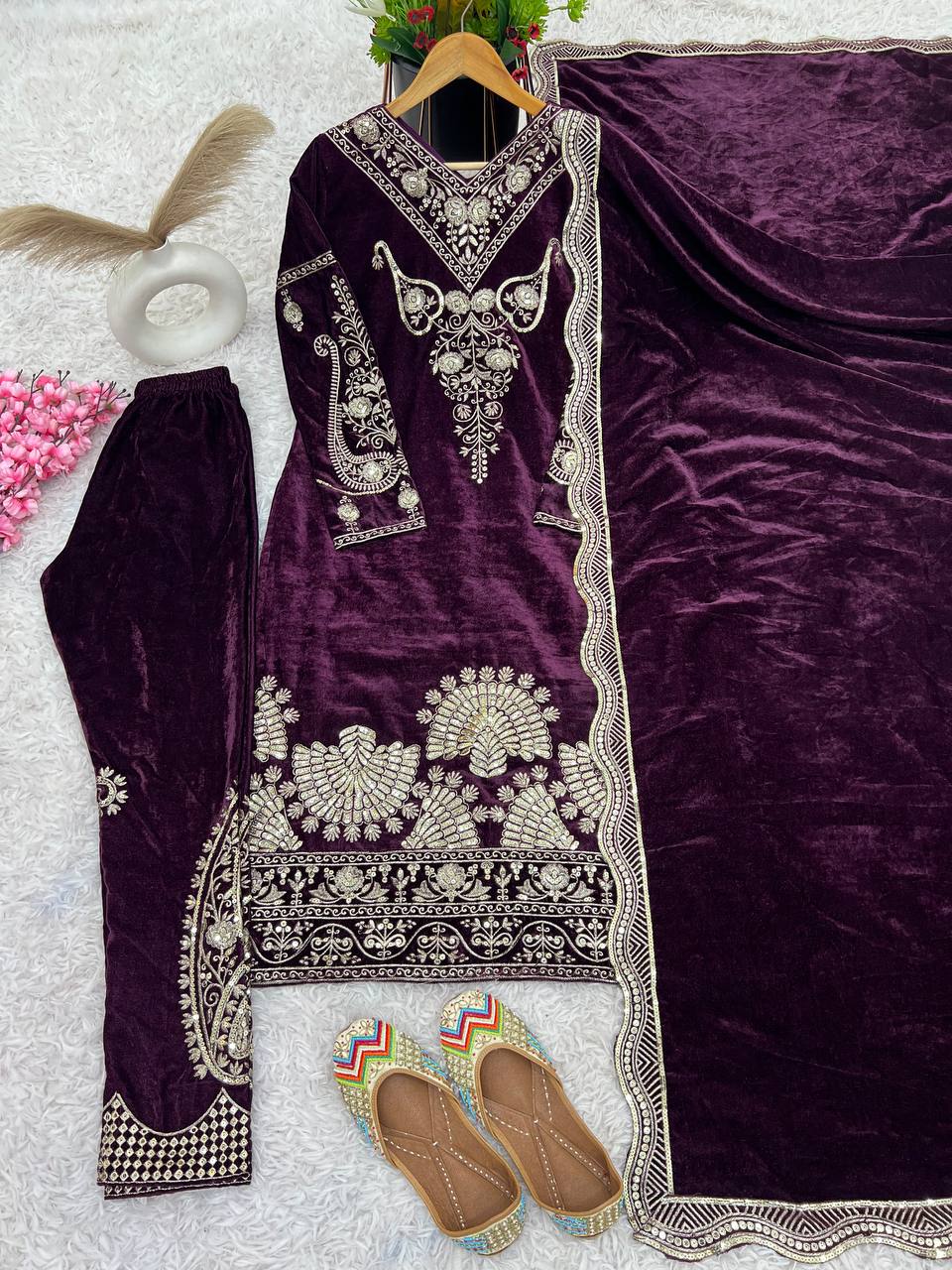 Party Wear Luxurious Velvet Top & Bottom Set with Matching Embroidered Dupatta