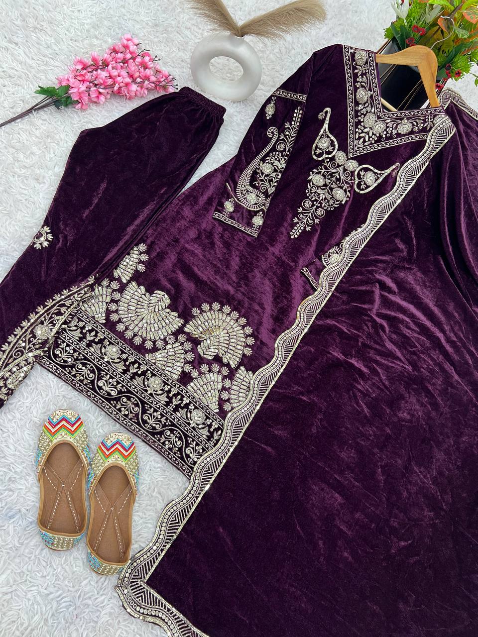 Party Wear Luxurious Velvet Top & Bottom Set with Matching Embroidered Dupatta