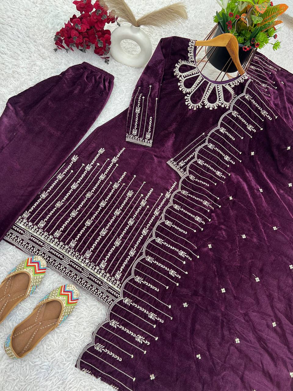 Heavy Viscose Velvet Top & Bottom with Embroidery Sequence Work and Matching Dupatta