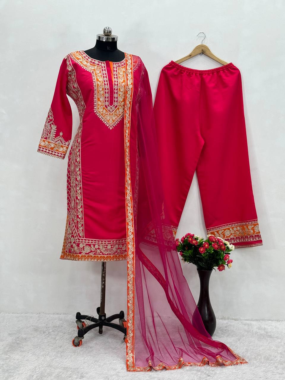 Silk Top & Palazzo with Net Dupatta