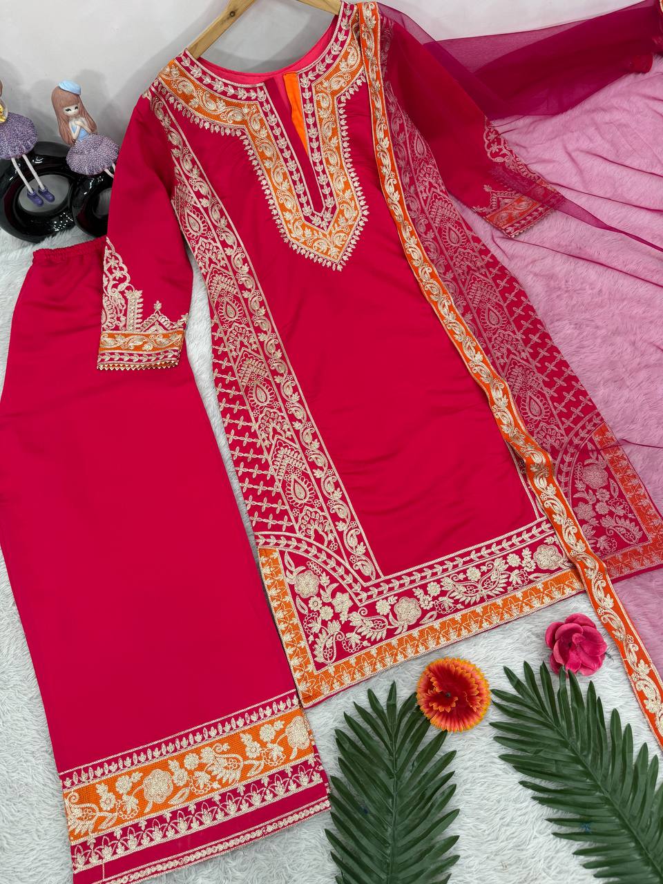 Silk Top & Palazzo with Net Dupatta