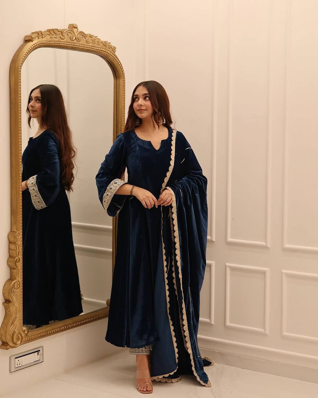 Velvet Anarkali Suit Set - Embroidered Gown with Bell Sleeves, Pant & Dupatta