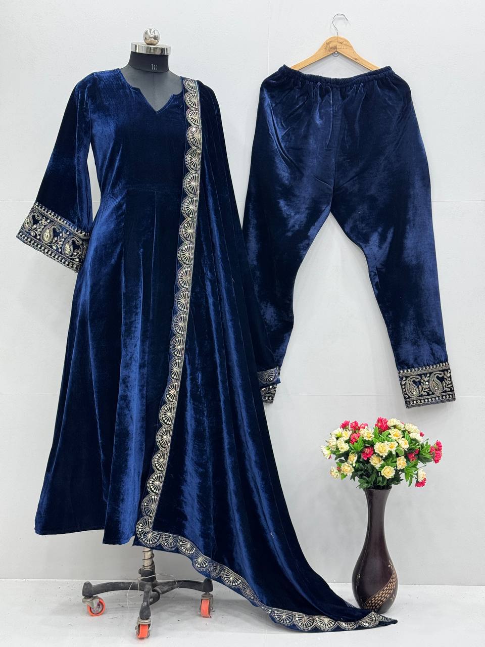 Velvet Anarkali Suit Set - Embroidered Gown with Bell Sleeves, Pant & Dupatta