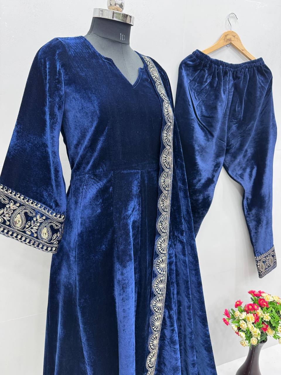 Velvet Anarkali Suit Set - Embroidered Gown with Bell Sleeves, Pant & Dupatta