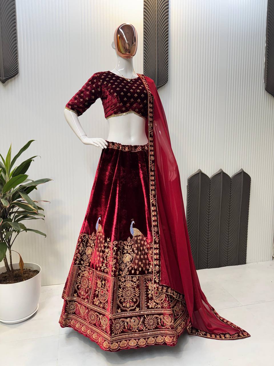 Velvet Lehenga Choli Set - Heavy Sequence Embroidery with Canvas & Cancan, Georgette Dupatta