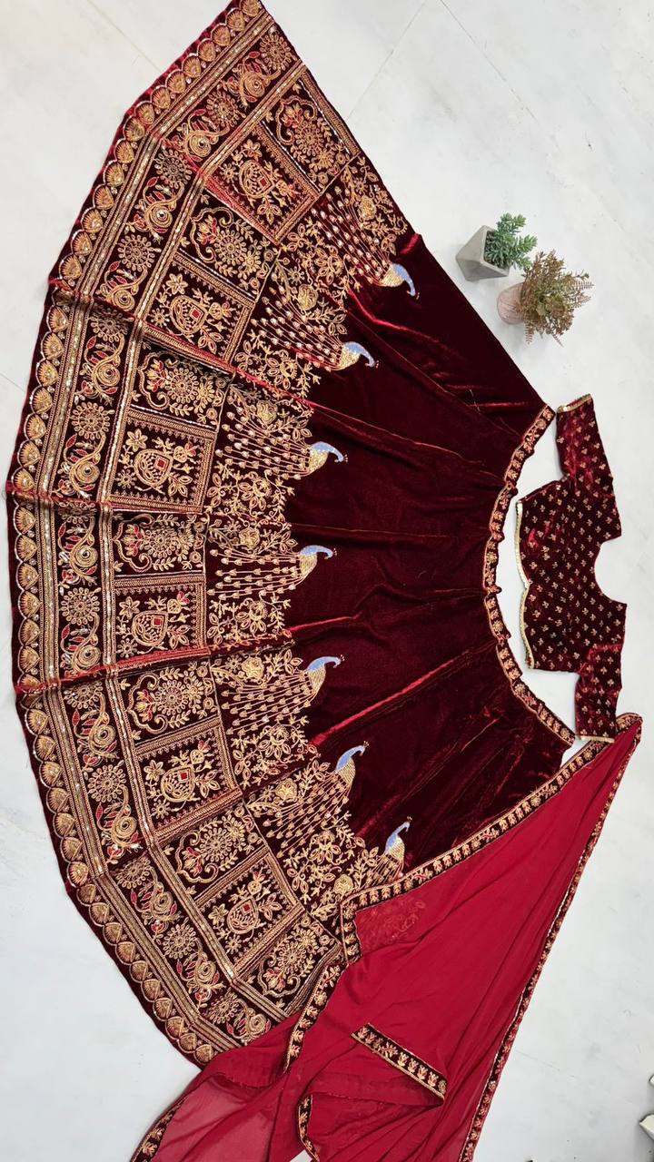 Velvet Lehenga Choli Set - Heavy Sequence Embroidery with Canvas & Cancan, Georgette Dupatta