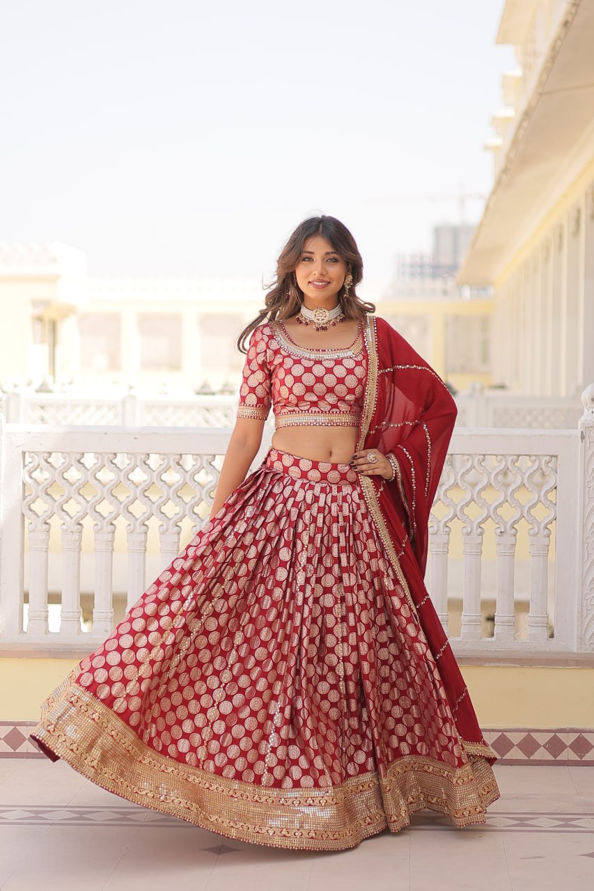 Sequin-Embroidered Viscose Jacquard Lehenga Choli Set LW-7100