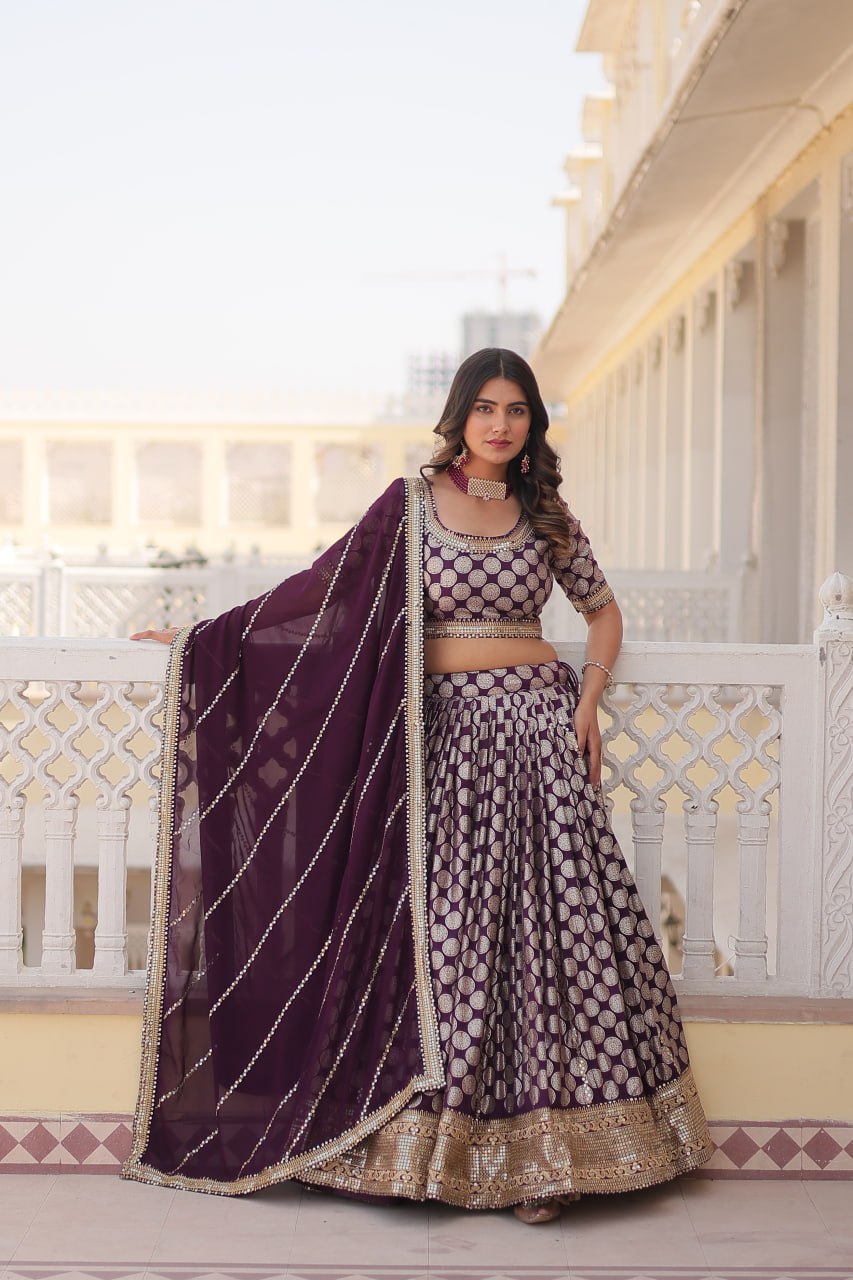 Sequin-Embroidered Viscose Jacquard Lehenga Choli Set LW-7100