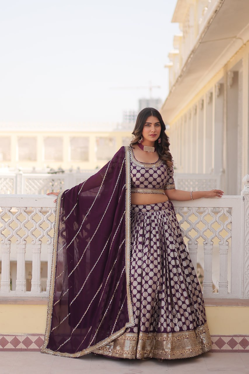 Sequin-Embroidered Viscose Jacquard Lehenga Choli Set LW-7100