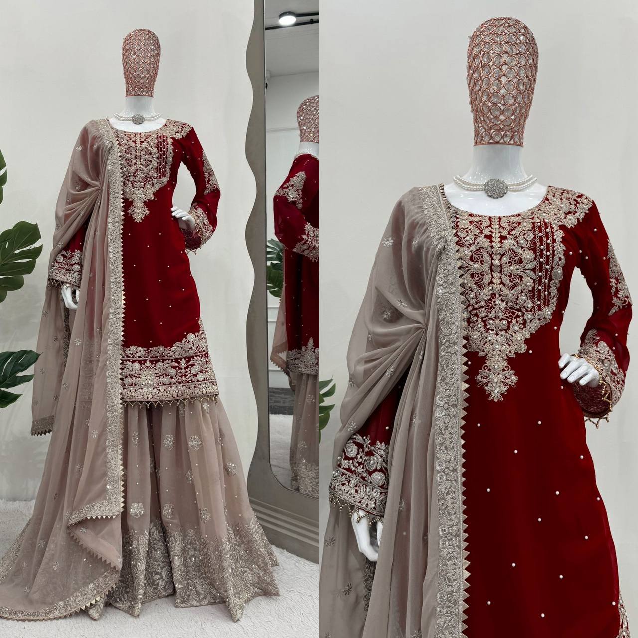 Designer Faux Georgette Suit with Sharara & Dupatta - Stunning Sequins, Pearl & Lace Detailing