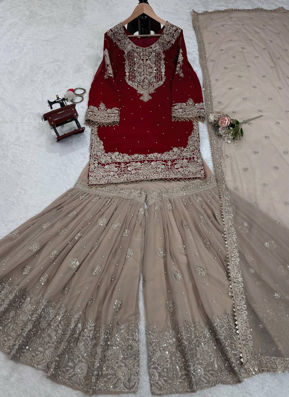 Designer Faux Georgette Suit with Sharara & Dupatta - Stunning Sequins, Pearl & Lace Detailing